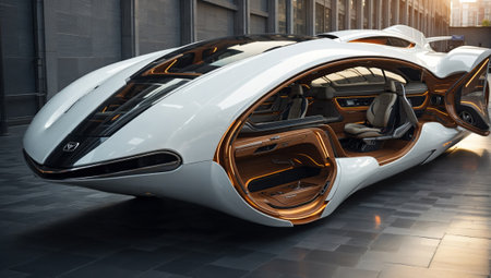 3D rendering of a brand-less generic concept car in the cityの素材