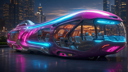 3D rendering of a futuristic urban vehicle in the city at nightの素材