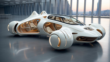 3D rendering of a futuristic white car in a modern office spaceの素材