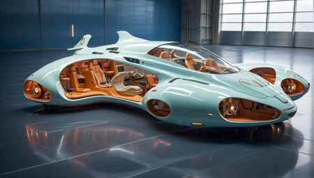 3D rendering of a futuristic supercar in an exhibition hall.の素材