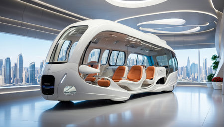 Modern bus in the interior of the modern building. 3d renderingの素材