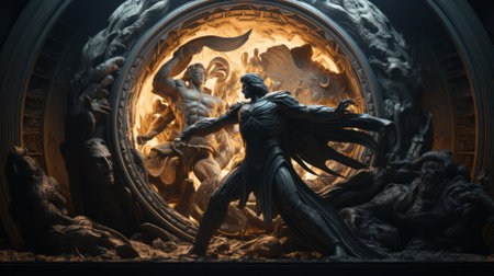 3D Illustration of a Fantasy Scene with an Angel and Fireの素材