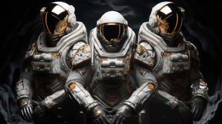 Three Astronauts in modern Spacesuits on a black Background.の素材