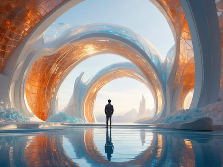 Silhouette of a man looking at the futuristic arches of a fantasy landscape.の素材