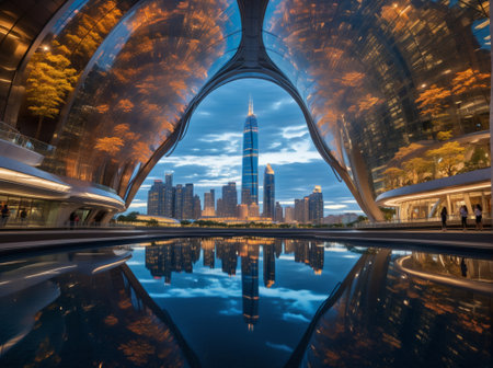 Reflection of modern buildings in Shanghai, China. Architectural backgroundの素材