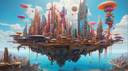 Fantasy alien planet floating in the blue sky. 3D renderingの素材