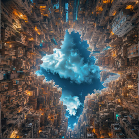 Fractal 3D illustration of a futuristic city with a blue skyの素材