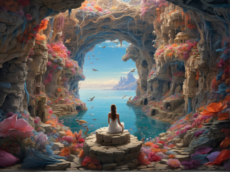 3d rendering of a beautiful mermaid in a cave. Fantasy world.の素材