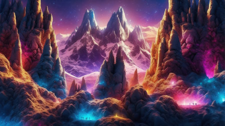 Colorful fantasy alien planet. Mountain and nebula. 3D illustrationの素材