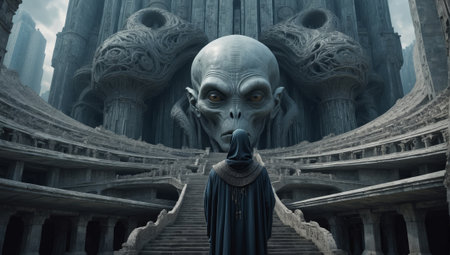 3D Illustration of a Fantasy Alien in front of a Templeの素材