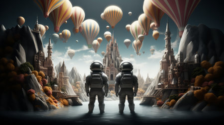 Astronauts in front of fantasy landscape. 3D  Cartoon style.の素材