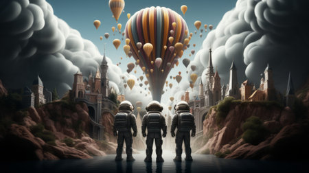 Astronauts exploring a city with hot air balloons. 3D renderingの素材