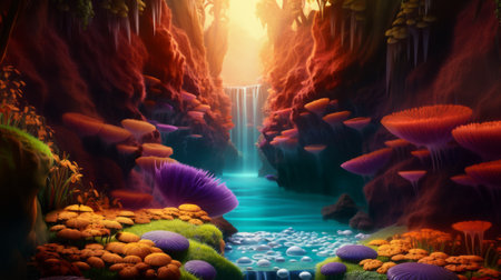 Fantasy alien planet. Mountain and waterfall. 3D illustration.の素材