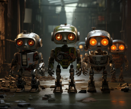 3D rendering of a group of robots in an abandoned factory.の素材