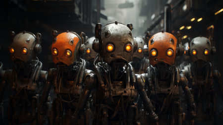 A group of cute characterful robots in an industrial environment. 3D rendering.の素材