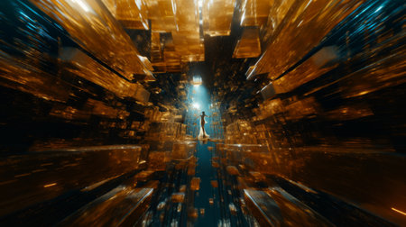 Woman in an abstract technology Network of glowing particles. Digital hi-tech concept.の素材