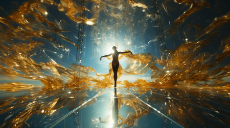 A female ballet dancer dancing on a futuristic glass structure in golden lightの素材