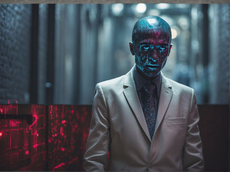 Futuristic portrait of a man in a suit with a face painted in abstract digital neon lightの素材