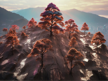 Fantastic landscape with beautiful trees growing on a hill at sunset, 3d renderの素材