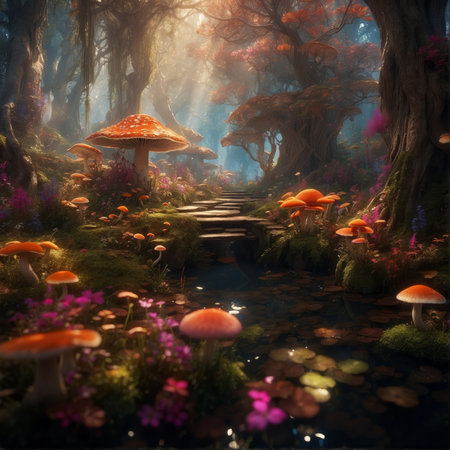Beautiful fantasy landscape with magic mushrooms in the forest. 3d renderingの素材