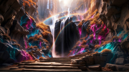 3d rendering of a fantasy landscape with surreal colorful waterfalls and a rainbow.の素材