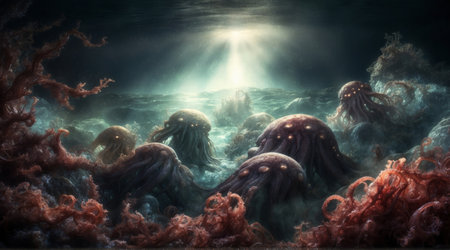 3D Illustration of a fantasy alien planet with jellyfish.の素材