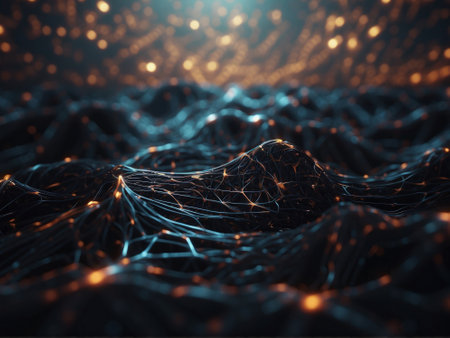 Abstract 3d rendering of abstract digital network pattern with glowing particles.の素材