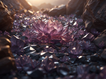 Beautiful pink crystals growing on the beach at sunset.の素材