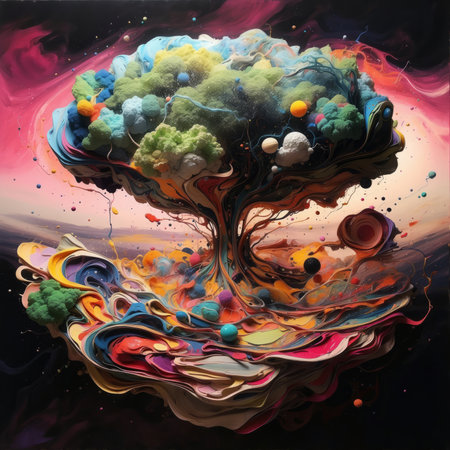 Abstract tree with colorful watercolor splashes on black background, digital paintingの素材