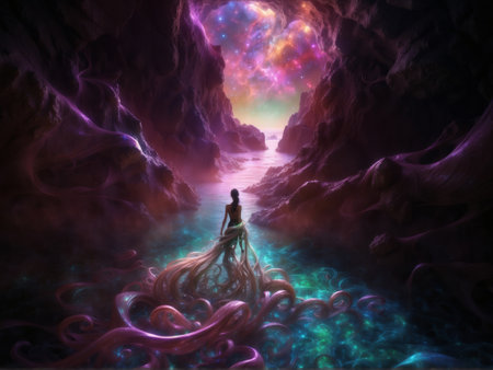 3D illustration of a beautiful woman with otherworldly tentacles, in a fantasy sea cave.の素材