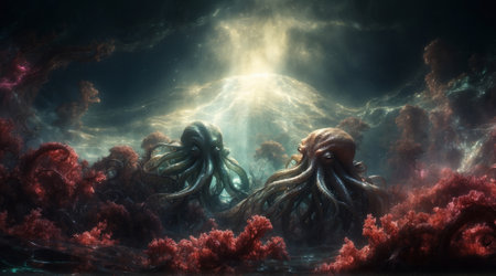 Underwater Scene on a mysterious fantasy alien planet with abstract octopuses and flora.の素材
