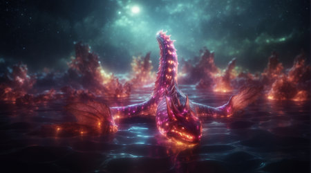 Surreal otherworldly creature on fantasy planet in deep space.の素材