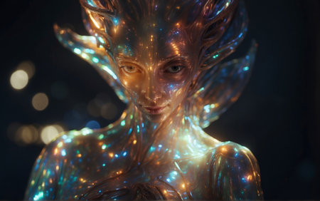 3d rendering of a female alien with a body covered in magical lights.の素材