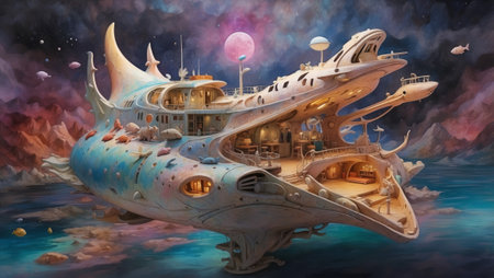 Fantasy spaceship in deep space. 3D illustration.の素材