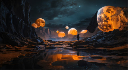 Fantasy landscape with a man standing on the edge of a cliff and looking at the moon.の素材