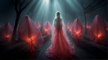 A girl in a red dress walks through the forest in the fogの素材