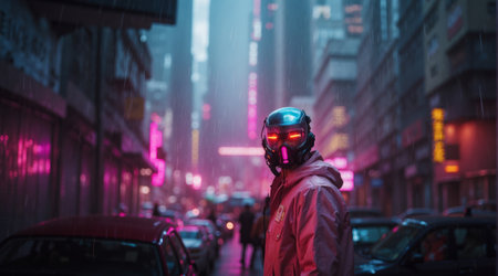 A man in a gas mask and a red jacket walks through the city at night.の素材