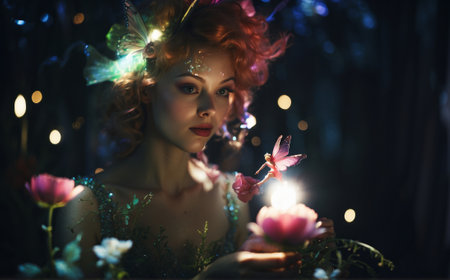 Beautiful young woman with bright make-up and hairstyle holding a candle in her handの素材