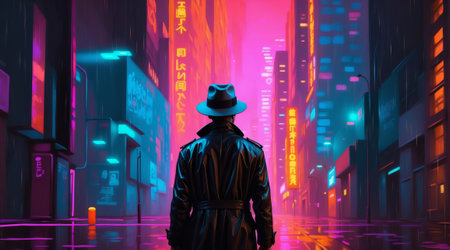 Man in a raincoat and hat standing in the middle of the neon-illuminated city at nightの素材