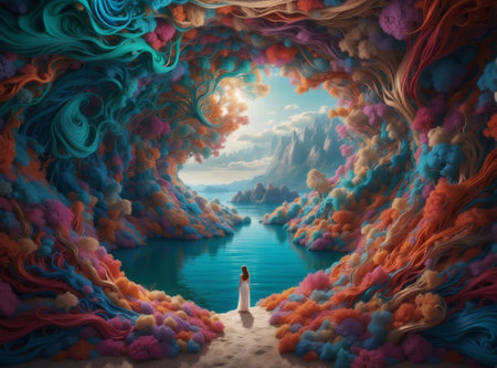 Beautiful woman looking at a fantasy landscape with a sea and abstract colorful cave.の素材