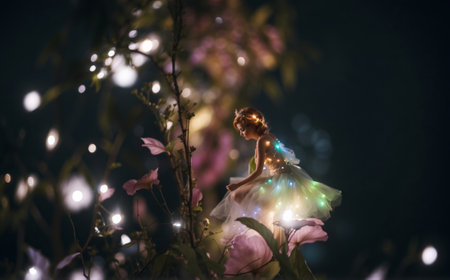 Tiny fairy in the garden with a garland of lights.の素材