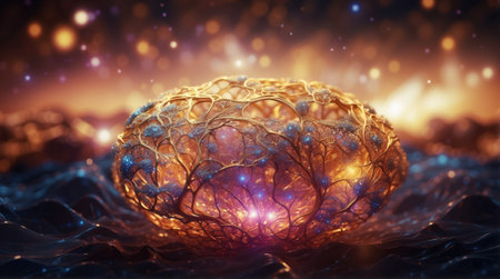 3d rendering of a human blood cell in space with glowing backgroundの素材