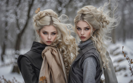 Two beautiful young women with long curly hair in winter park. Fashion photoの素材
