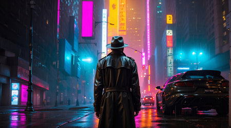 Silhouette of a man in a coat and a hat in a futuristic neon city at nightの素材