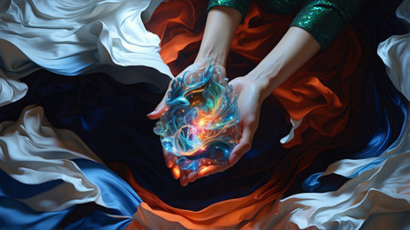 Woman's hands holding a magic crystal ball. 3d illustration.の素材