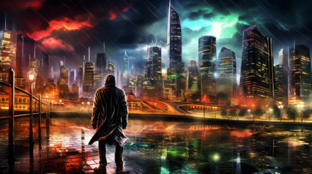 Man in raincoat and hoodie against night city background. Vibrant Stylized Image.の素材