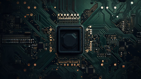 Close-up of electronic circuit board with microchip. Technology backgroundの素材