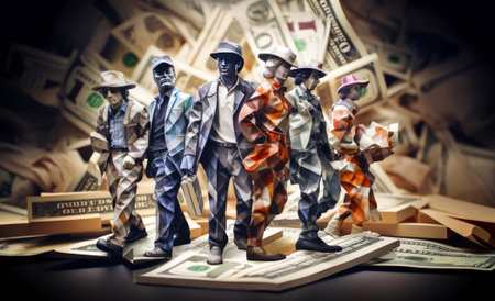 Group of abstract figures standing on a pile of dollar banknotes.の素材