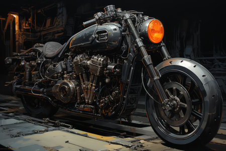 Fictional motorcycle powered by steam engine with intricate mechanical designの素材