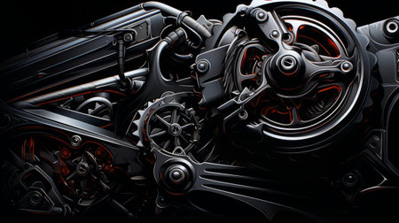 3D rendering of an abstract mechanical machine with multiple large gears.の素材